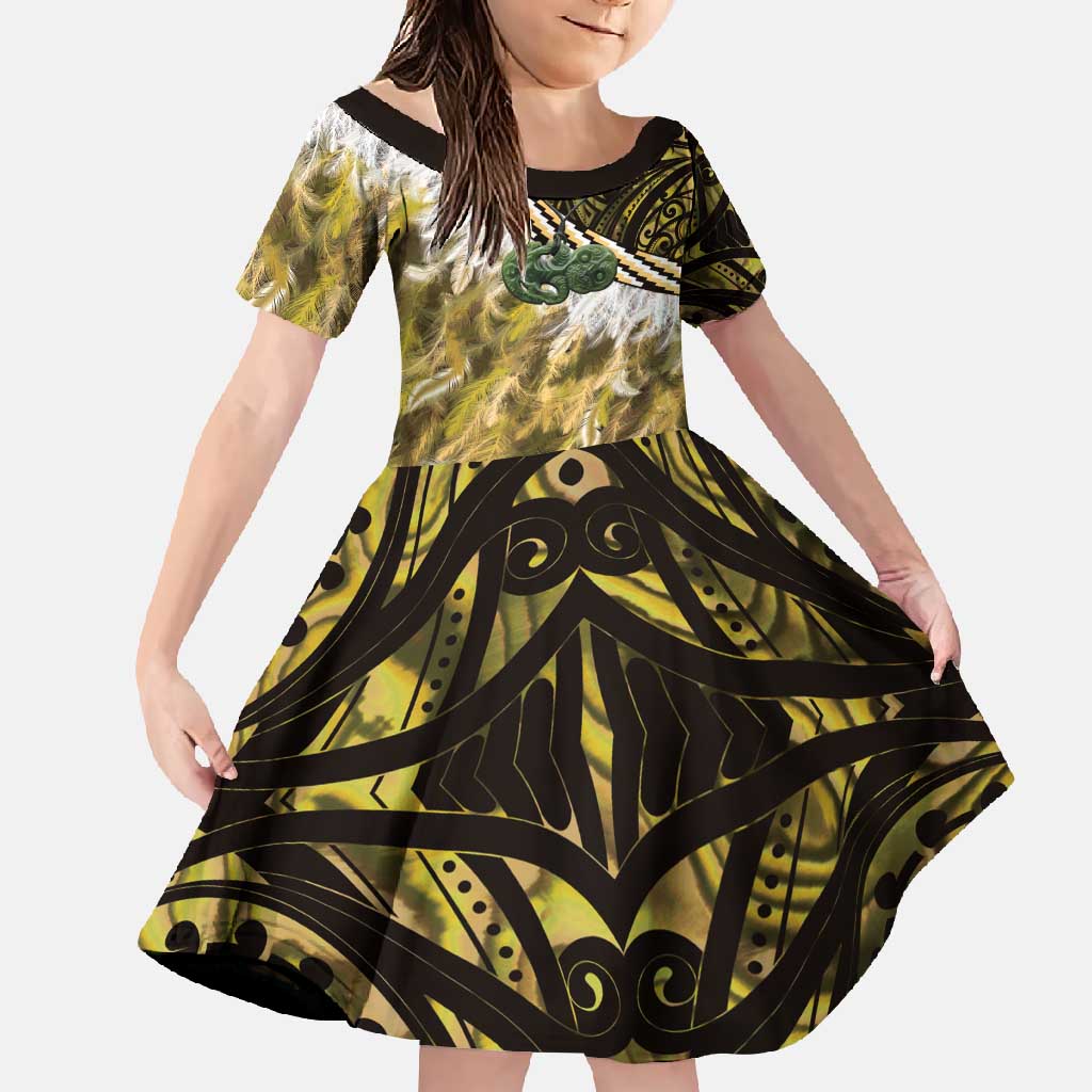 Yellow Traditional Cloak Aotearoa Family Matching Mermaid Dress and Hawaiian Shirt Maori Paua Shell Korowai Pattern LT14 Daughter's Dress Yellow - Polynesian Pride