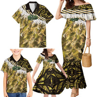 Yellow Traditional Cloak Aotearoa Family Matching Mermaid Dress and Hawaiian Shirt Maori Paua Shell Korowai Pattern LT14 - Polynesian Pride