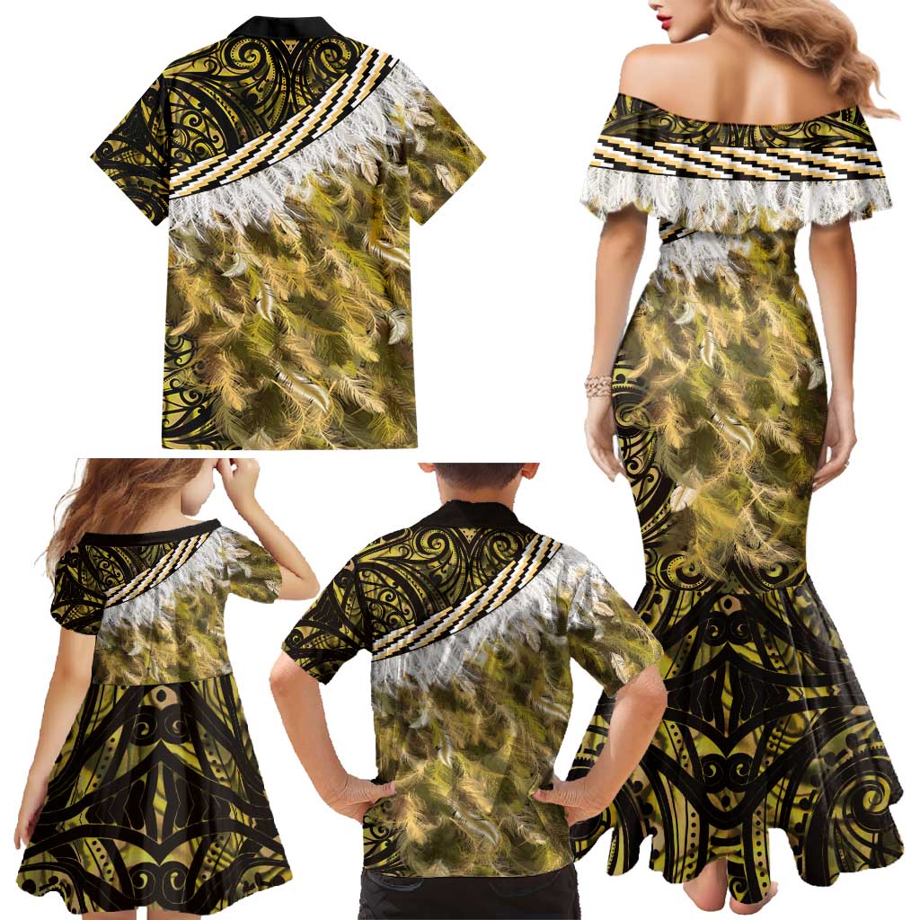 Yellow Traditional Cloak Aotearoa Family Matching Mermaid Dress and Hawaiian Shirt Maori Paua Shell Korowai Pattern LT14 - Polynesian Pride
