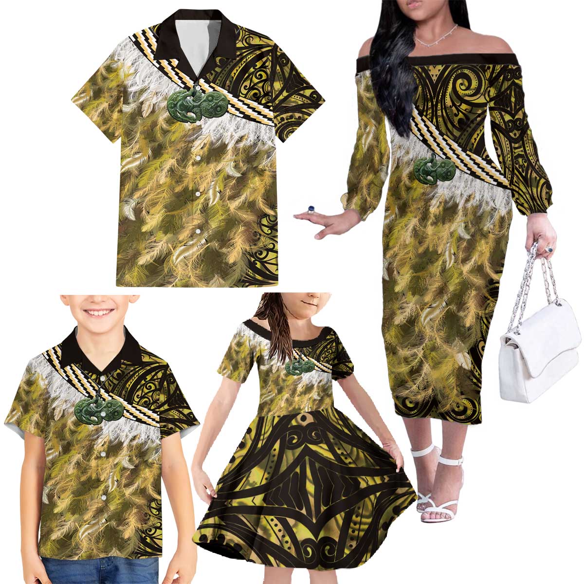 Yellow Traditional Cloak Aotearoa Family Matching Off The Shoulder Long Sleeve Dress and Hawaiian Shirt Maori Paua Shell Korowai Pattern LT14 - Polynesian Pride