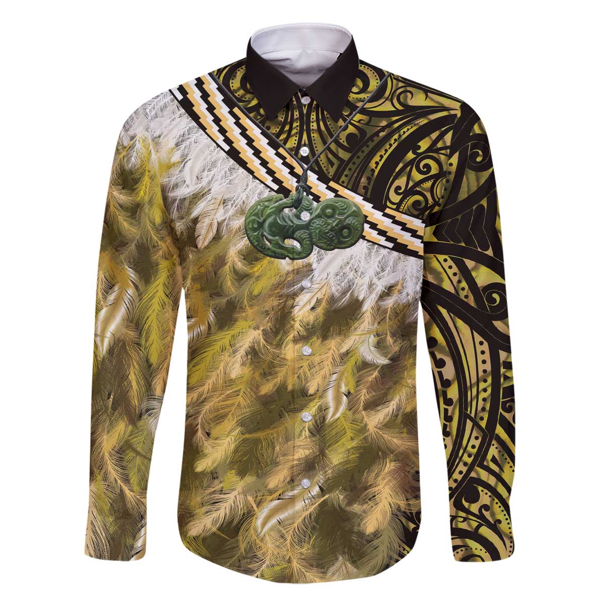Yellow Traditional Cloak Aotearoa Family Matching Off The Shoulder Long Sleeve Dress and Hawaiian Shirt Maori Paua Shell Korowai Pattern LT14 Dad's Shirt - Long Sleeve Yellow - Polynesian Pride
