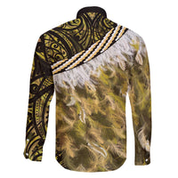 Yellow Traditional Cloak Aotearoa Family Matching Off The Shoulder Long Sleeve Dress and Hawaiian Shirt Maori Paua Shell Korowai Pattern LT14 - Polynesian Pride