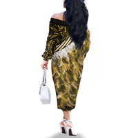 Yellow Traditional Cloak Aotearoa Family Matching Off The Shoulder Long Sleeve Dress and Hawaiian Shirt Maori Paua Shell Korowai Pattern LT14 - Polynesian Pride