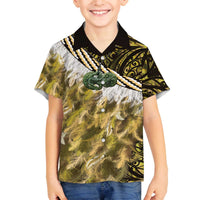 Yellow Traditional Cloak Aotearoa Family Matching Off The Shoulder Long Sleeve Dress and Hawaiian Shirt Maori Paua Shell Korowai Pattern LT14 Son's Shirt Yellow - Polynesian Pride