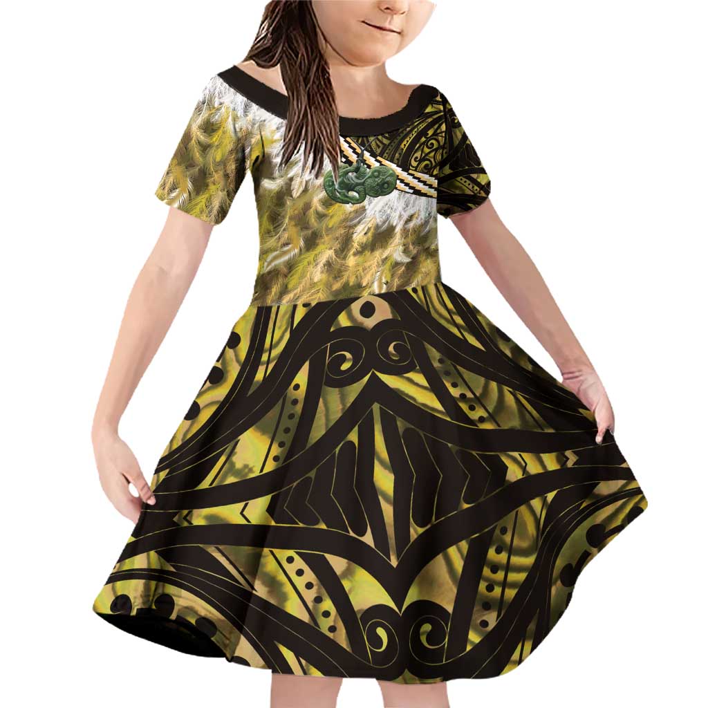 Yellow Traditional Cloak Aotearoa Family Matching Off Shoulder Short Dress and Hawaiian Shirt Maori Paua Shell Korowai Pattern