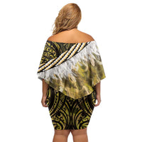 Yellow Traditional Cloak Aotearoa Family Matching Off Shoulder Short Dress and Hawaiian Shirt Maori Paua Shell Korowai Pattern