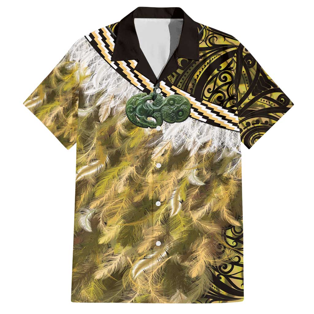 Yellow Traditional Cloak Aotearoa Family Matching Short Sleeve Bodycon Dress and Hawaiian Shirt Maori Paua Shell Korowai Pattern LT14 Dad's Shirt - Short Sleeve Yellow - Polynesian Pride