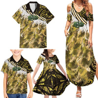 Yellow Traditional Cloak Aotearoa Family Matching Summer Maxi Dress and Hawaiian Shirt Maori Paua Shell Korowai Pattern