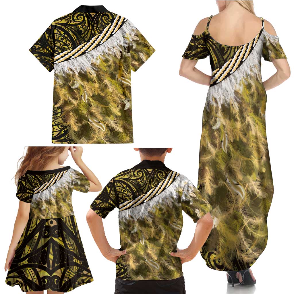 Yellow Traditional Cloak Aotearoa Family Matching Summer Maxi Dress and Hawaiian Shirt Maori Paua Shell Korowai Pattern