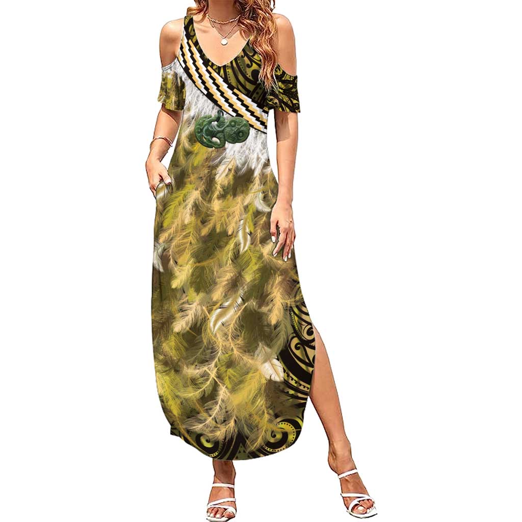 Yellow Traditional Cloak Aotearoa Family Matching Summer Maxi Dress and Hawaiian Shirt Maori Paua Shell Korowai Pattern