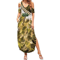 Yellow Traditional Cloak Aotearoa Family Matching Summer Maxi Dress and Hawaiian Shirt Maori Paua Shell Korowai Pattern