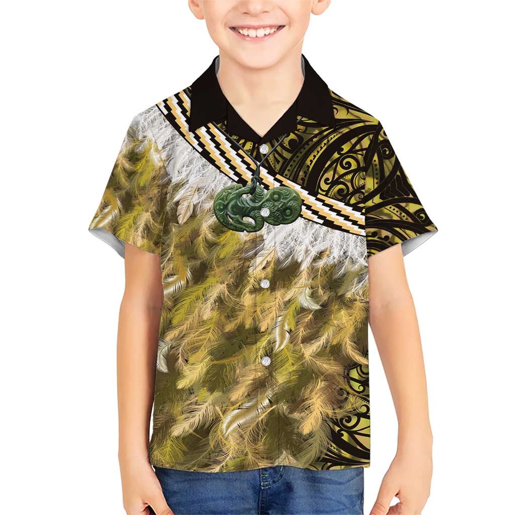 Yellow Traditional Cloak Aotearoa Kid Hawaiian Shirt Maori Paua Shell Korowai Pattern
