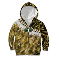 Yellow Traditional Cloak Aotearoa Kid Hoodie Maori Paua Shell Korowai Pattern