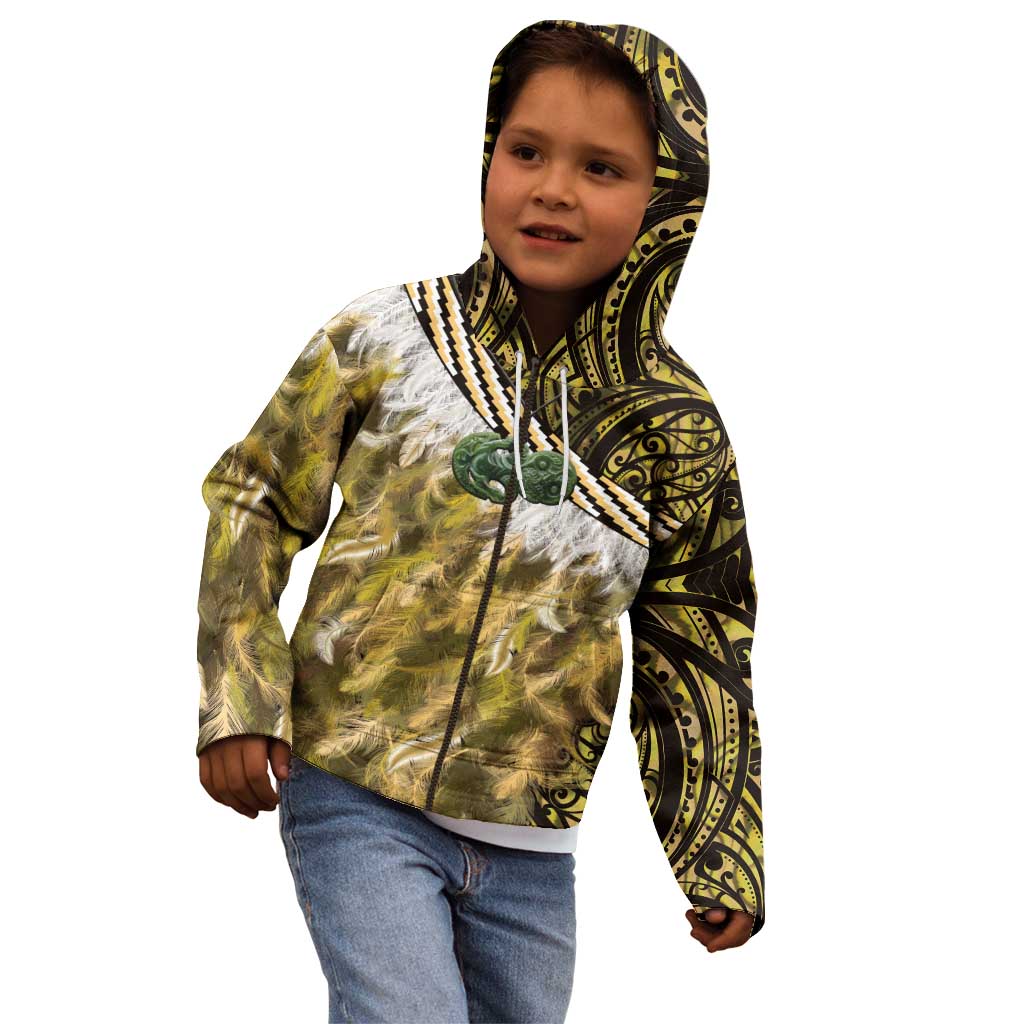 Yellow Traditional Cloak Aotearoa Kid Hoodie Maori Paua Shell Korowai Pattern