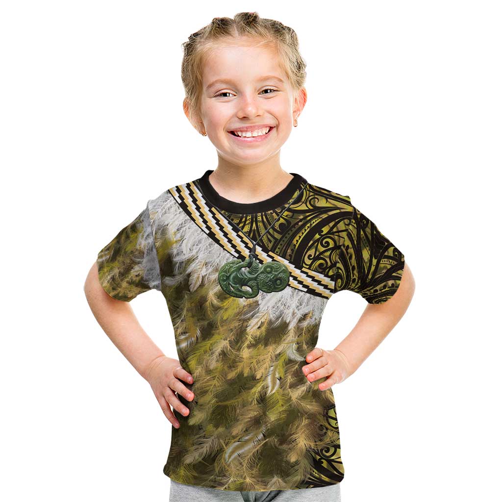 Yellow Traditional Cloak Aotearoa Kid T Shirt Maori Paua Shell Korowai Pattern