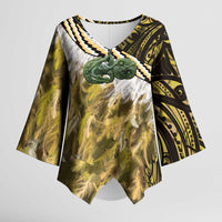 Yellow Traditional Cloak Aotearoa Kimono Sleeve Blouse Maori Paua Shell Korowai Pattern - Polynesian Pride