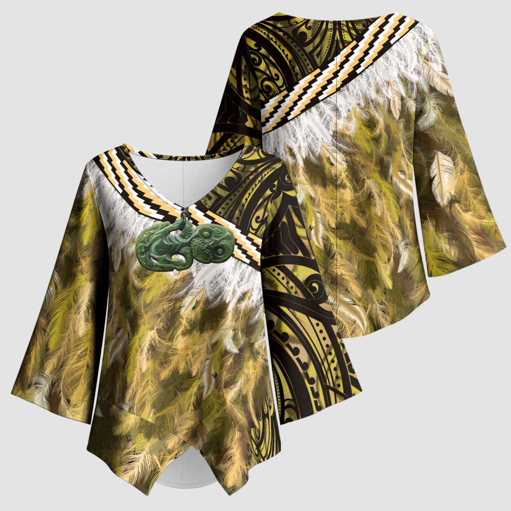 Yellow Traditional Cloak Aotearoa Kimono Sleeve Blouse Maori Paua Shell Korowai Pattern - Polynesian Pride
