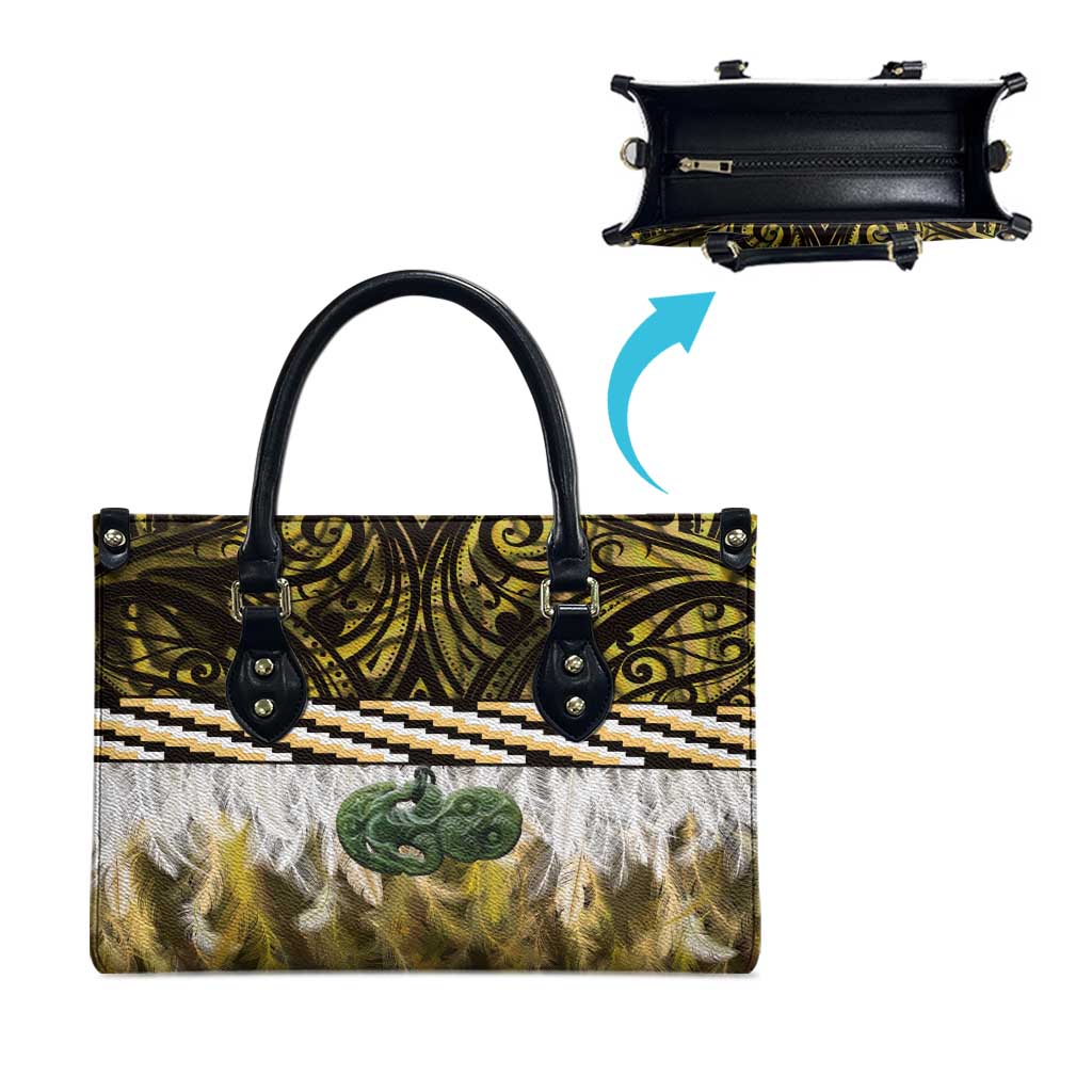 Yellow Traditional Cloak Aotearoa Leather Bag Maori Paua Shell Korowai Pattern - Polynesian Pride