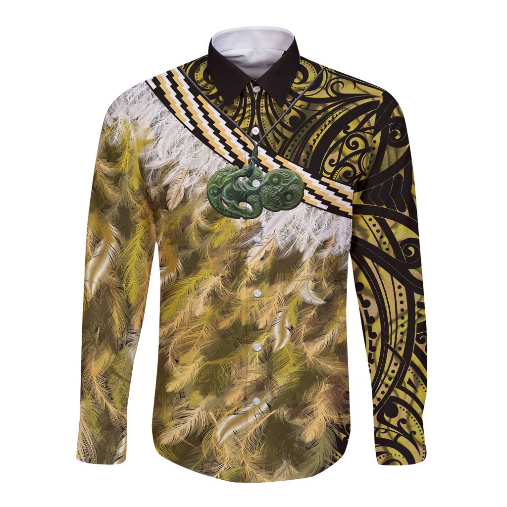 Yellow Traditional Cloak Aotearoa Long Sleeve Button Shirt Maori Paua Shell Korowai Pattern