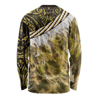 Yellow Traditional Cloak Aotearoa Long Sleeve Shirt Maori Paua Shell Korowai Pattern