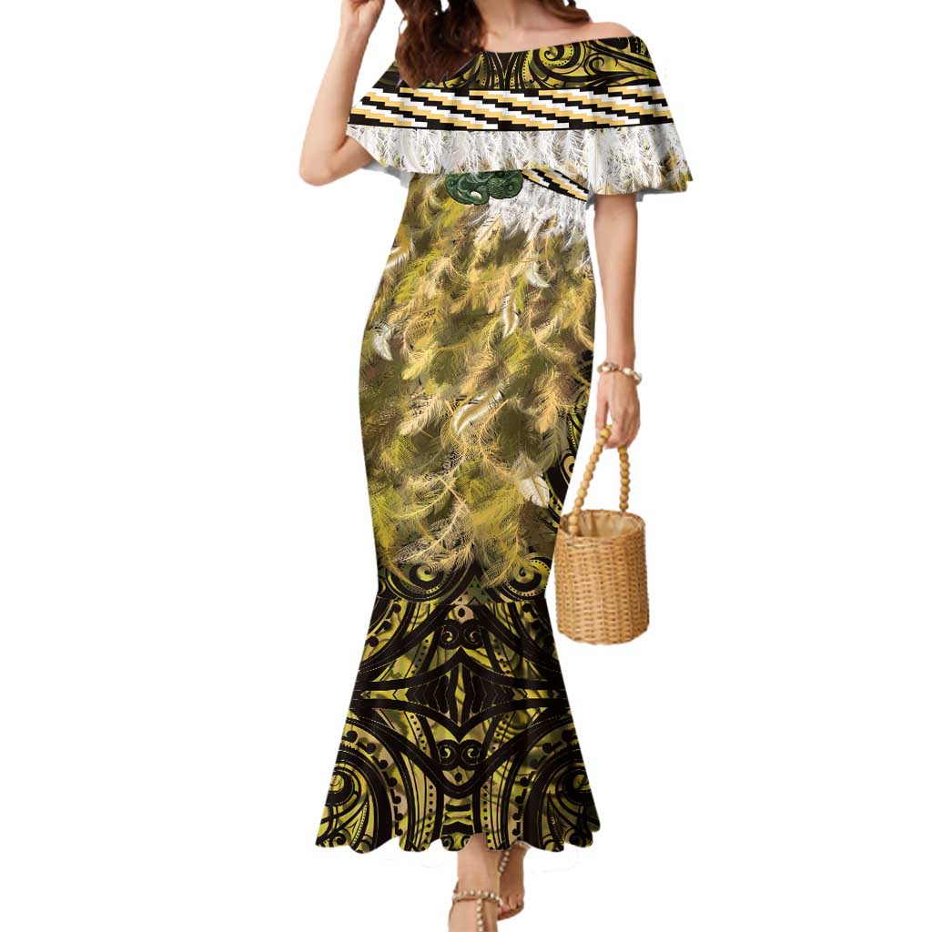 Yellow Traditional Cloak Aotearoa Mermaid Dress Maori Paua Shell Korowai Pattern