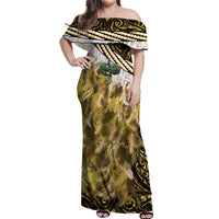 Yellow Traditional Cloak Aotearoa Off Shoulder Maxi Dress Maori Paua Shell Korowai Pattern