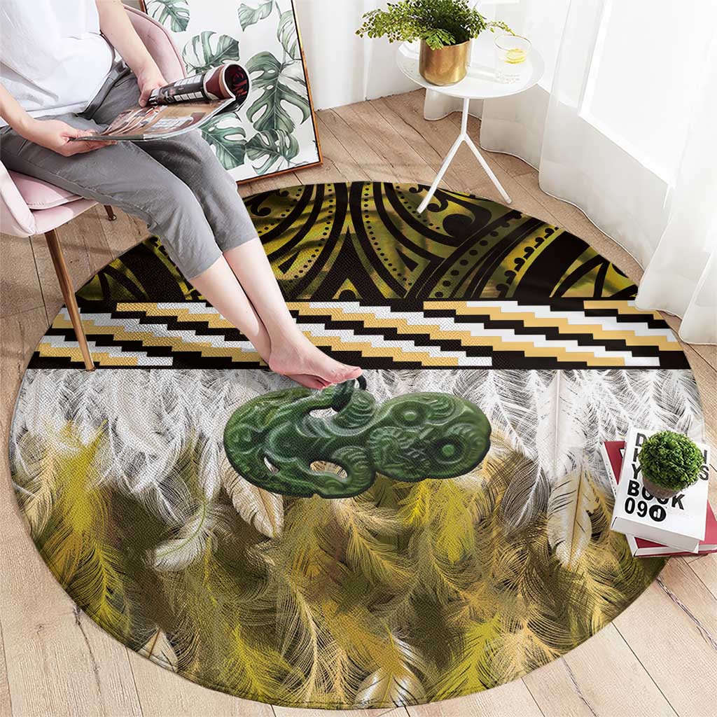 Yellow Traditional Cloak Aotearoa Round Carpet Maori Paua Shell Korowai Pattern