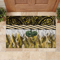 Yellow Traditional Cloak Aotearoa Rubber Doormat Maori Paua Shell Korowai Pattern