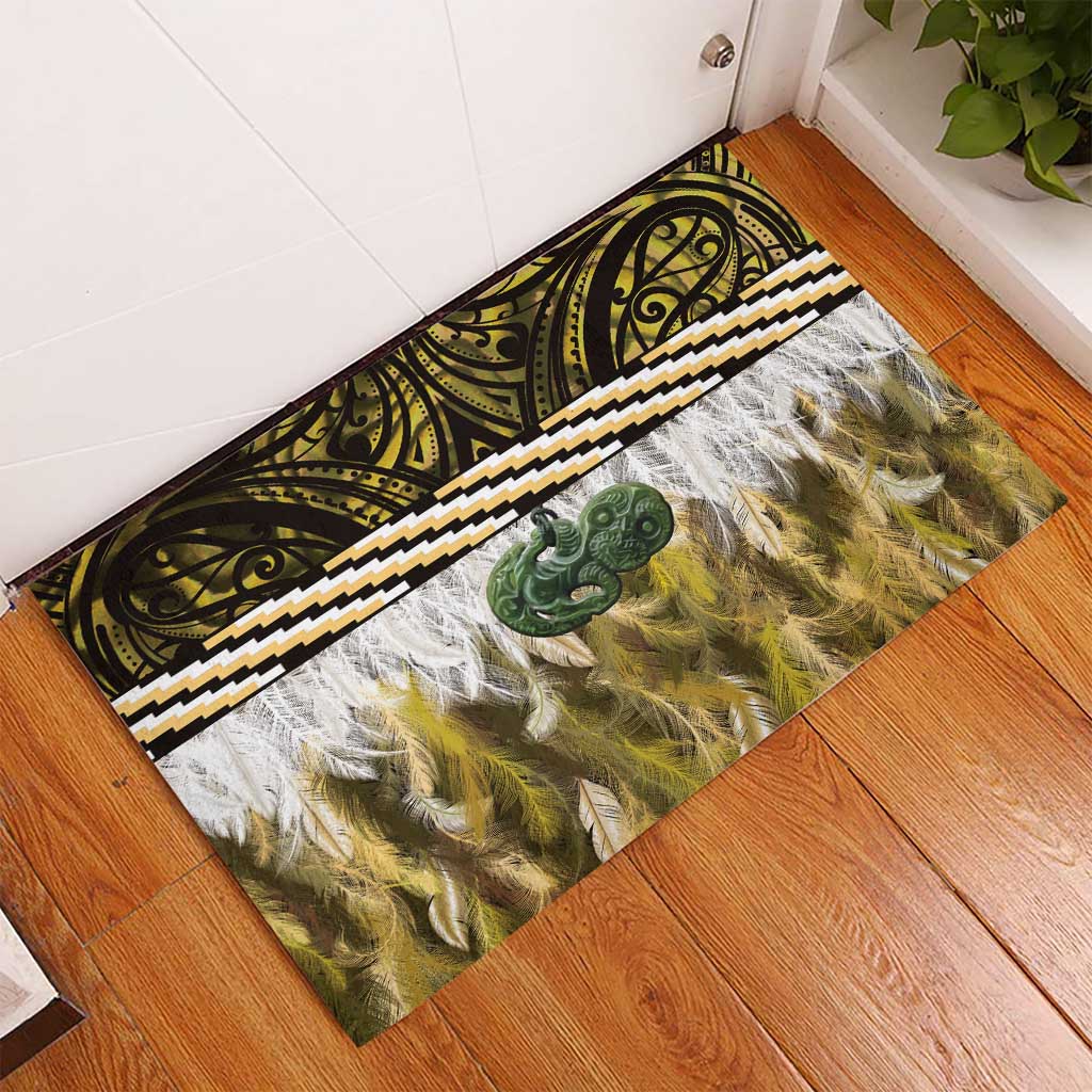 Yellow Traditional Cloak Aotearoa Rubber Doormat Maori Paua Shell Korowai Pattern
