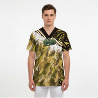 Yellow Traditional Cloak Aotearoa Scrub Top Maori Paua Shell Korowai Pattern - Polynesian Pride