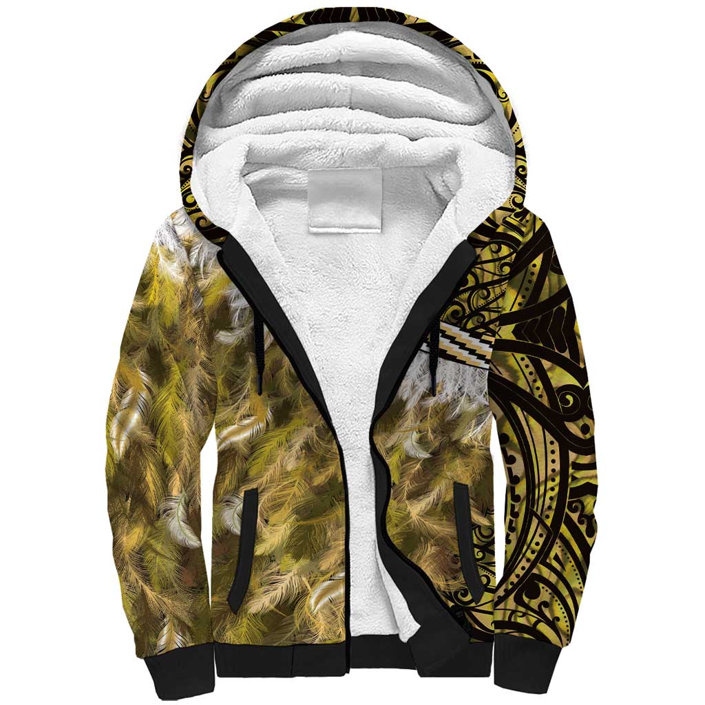 Yellow Traditional Cloak Aotearoa Sherpa Hoodie Maori Paua Shell Korowai Pattern