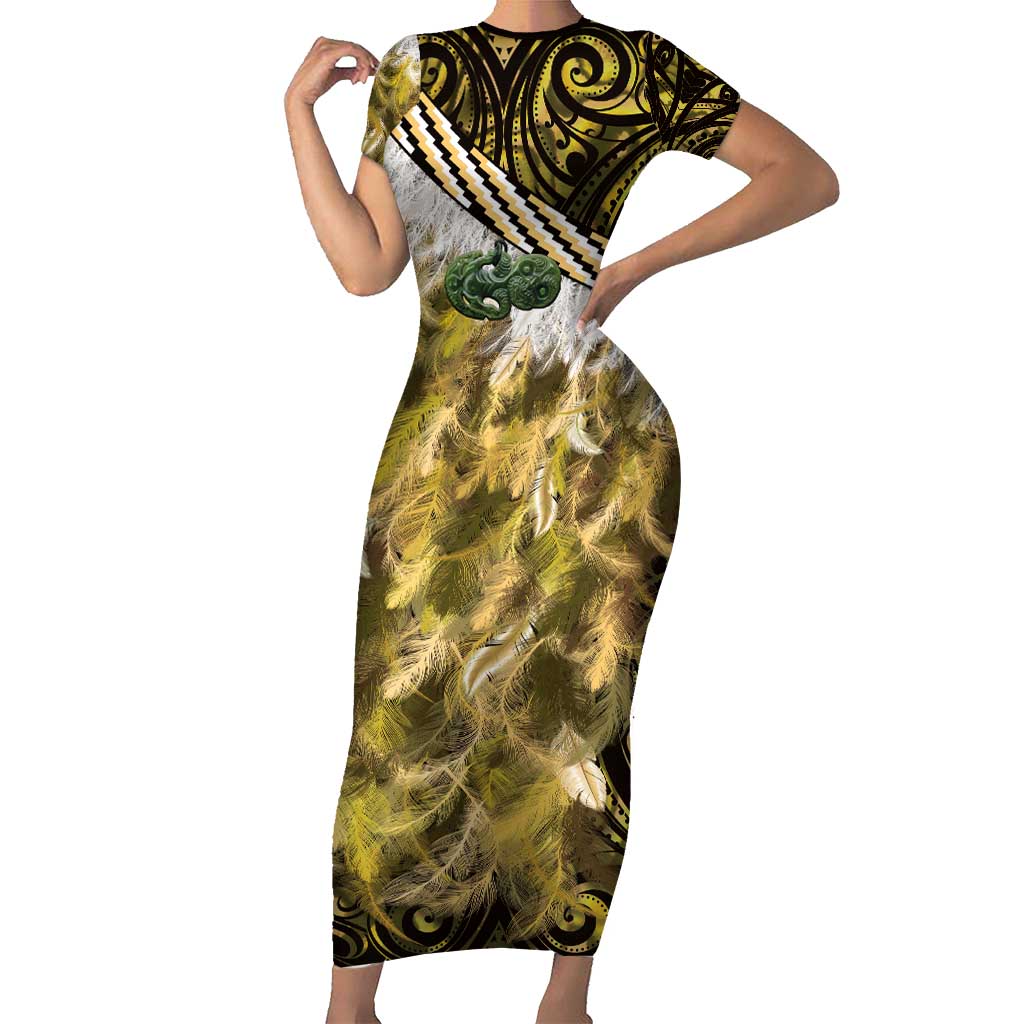 Yellow Traditional Cloak Aotearoa Short Sleeve Bodycon Dress Maori Paua Shell Korowai Pattern