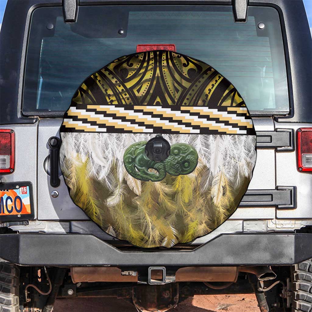 Yellow Traditional Cloak Aotearoa Spare Tire Cover Maori Paua Shell Korowai Pattern