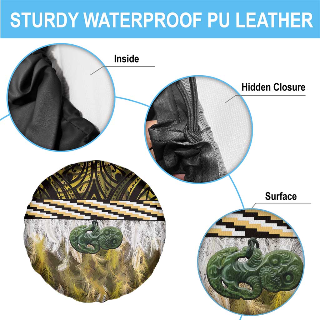 Yellow Traditional Cloak Aotearoa Spare Tire Cover Maori Paua Shell Korowai Pattern