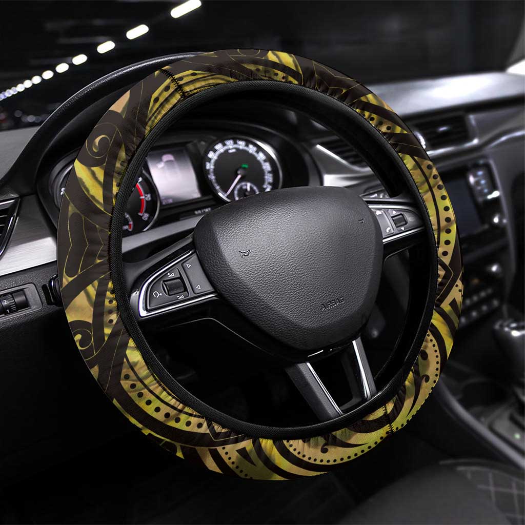 Yellow Traditional Cloak Aotearoa Steering Wheel Cover Maori Paua Shell Korowai Pattern