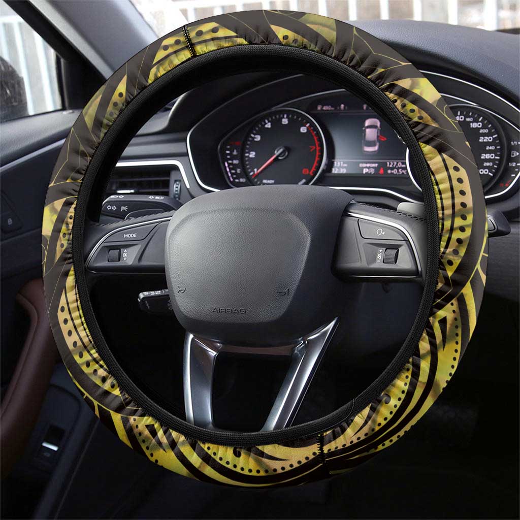 Yellow Traditional Cloak Aotearoa Steering Wheel Cover Maori Paua Shell Korowai Pattern