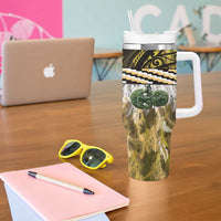 Yellow Traditional Cloak Aotearoa Tumbler With Handle Maori Paua Shell Korowai Pattern