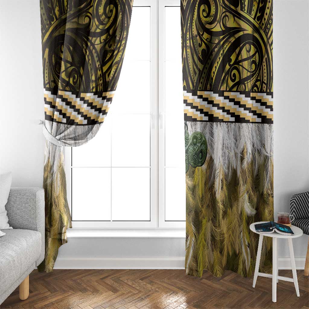Yellow Traditional Cloak Aotearoa Window Curtain Maori Paua Shell Korowai Pattern