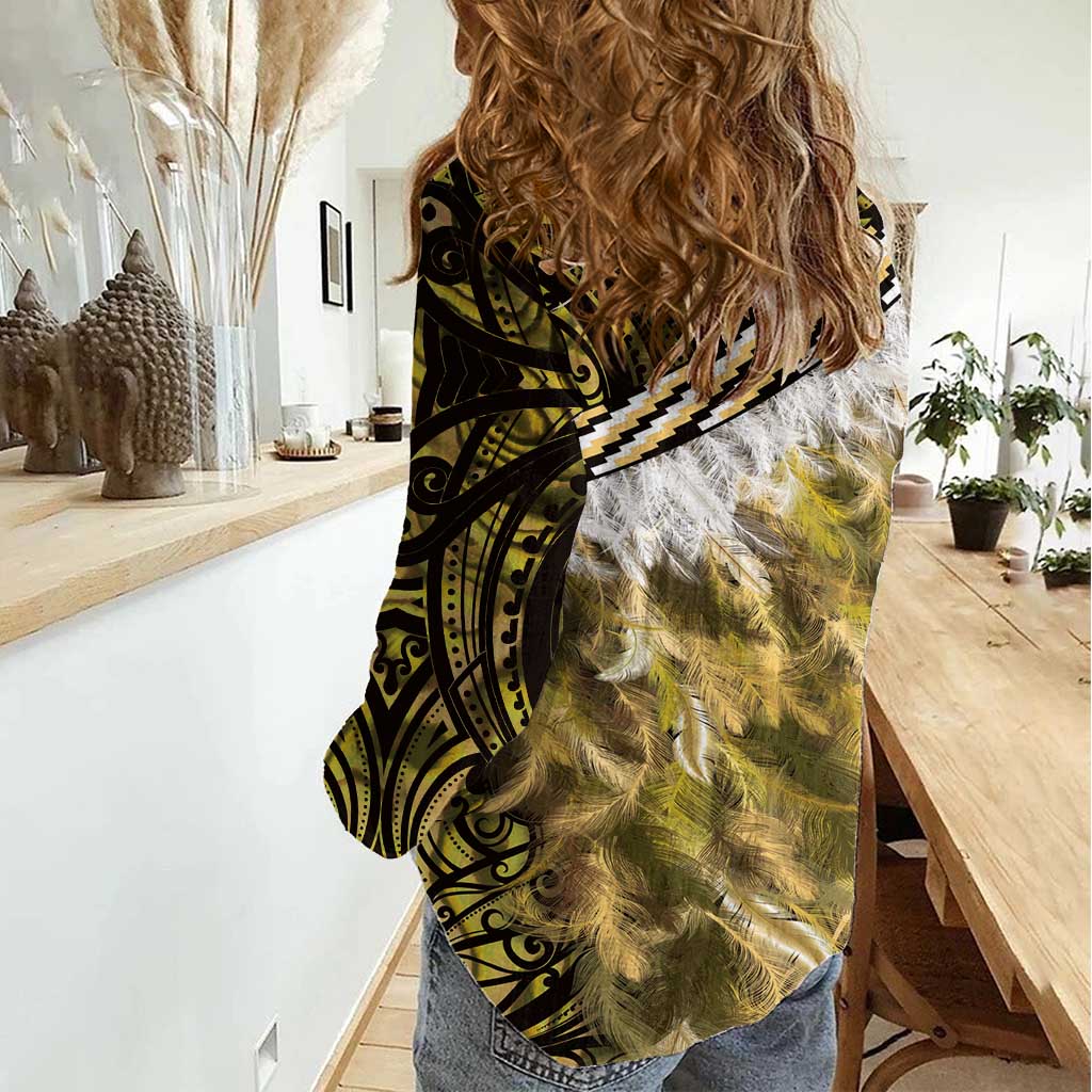 Yellow Traditional Cloak Aotearoa Women Casual Shirt Maori Paua Shell Korowai Pattern