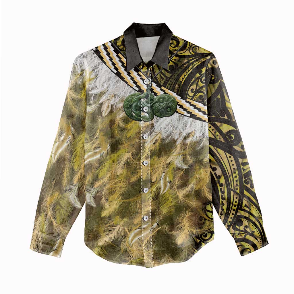 Yellow Traditional Cloak Aotearoa Women Casual Shirt Maori Paua Shell Korowai Pattern