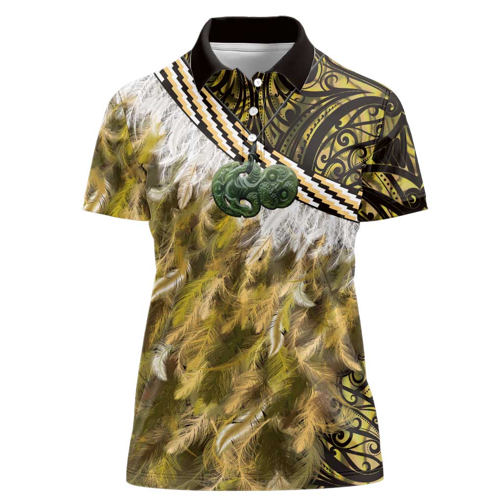 Yellow Traditional Cloak Aotearoa Women Polo Shirt Maori Paua Shell Korowai Pattern