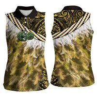 Yellow Traditional Cloak Aotearoa Women Sleeveless Polo Shirt Maori Paua Shell Korowai Pattern