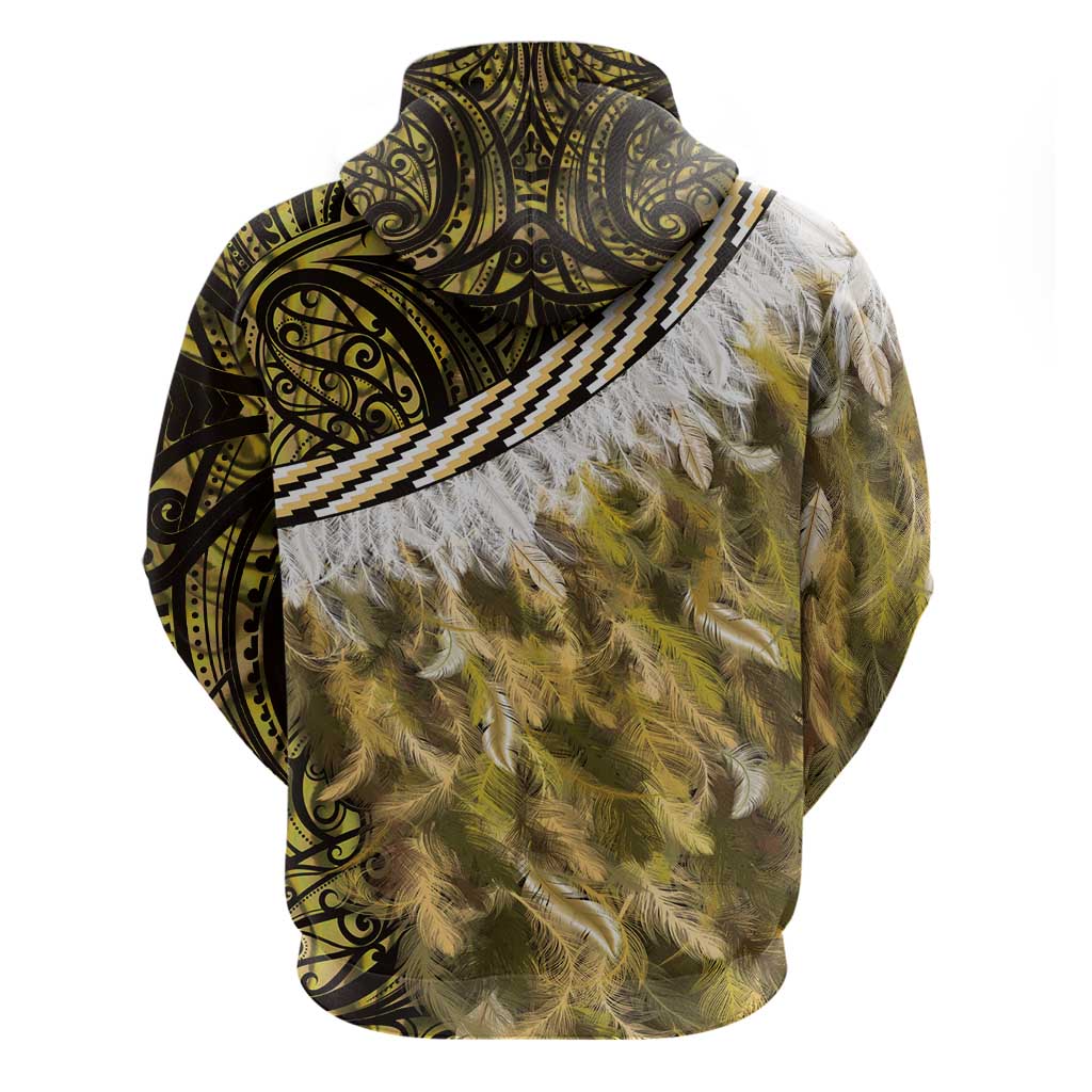 Yellow Traditional Cloak Aotearoa Zip Hoodie Maori Paua Shell Korowai Pattern