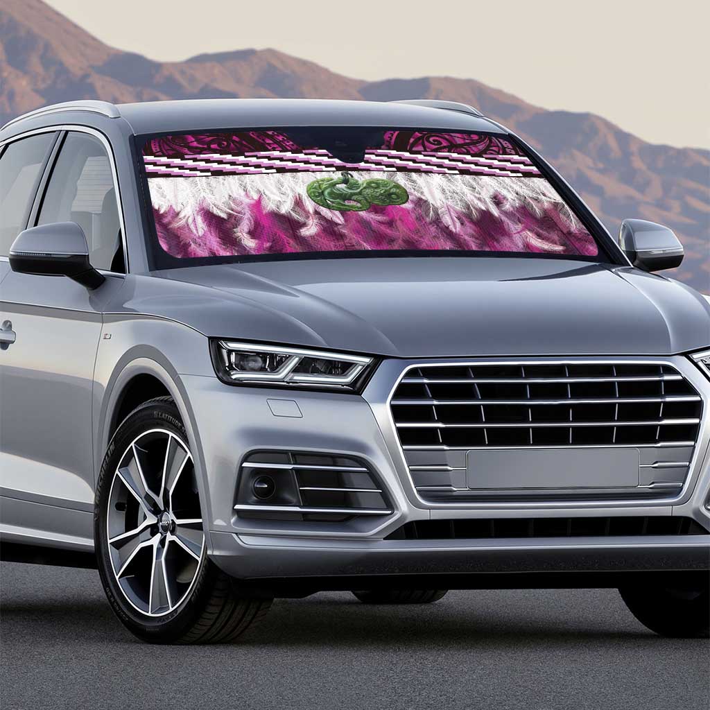 Pink Traditional Cloak Aotearoa Auto Sun Shade Maori Paua Shell Korowai Pattern - Polynesian Pride