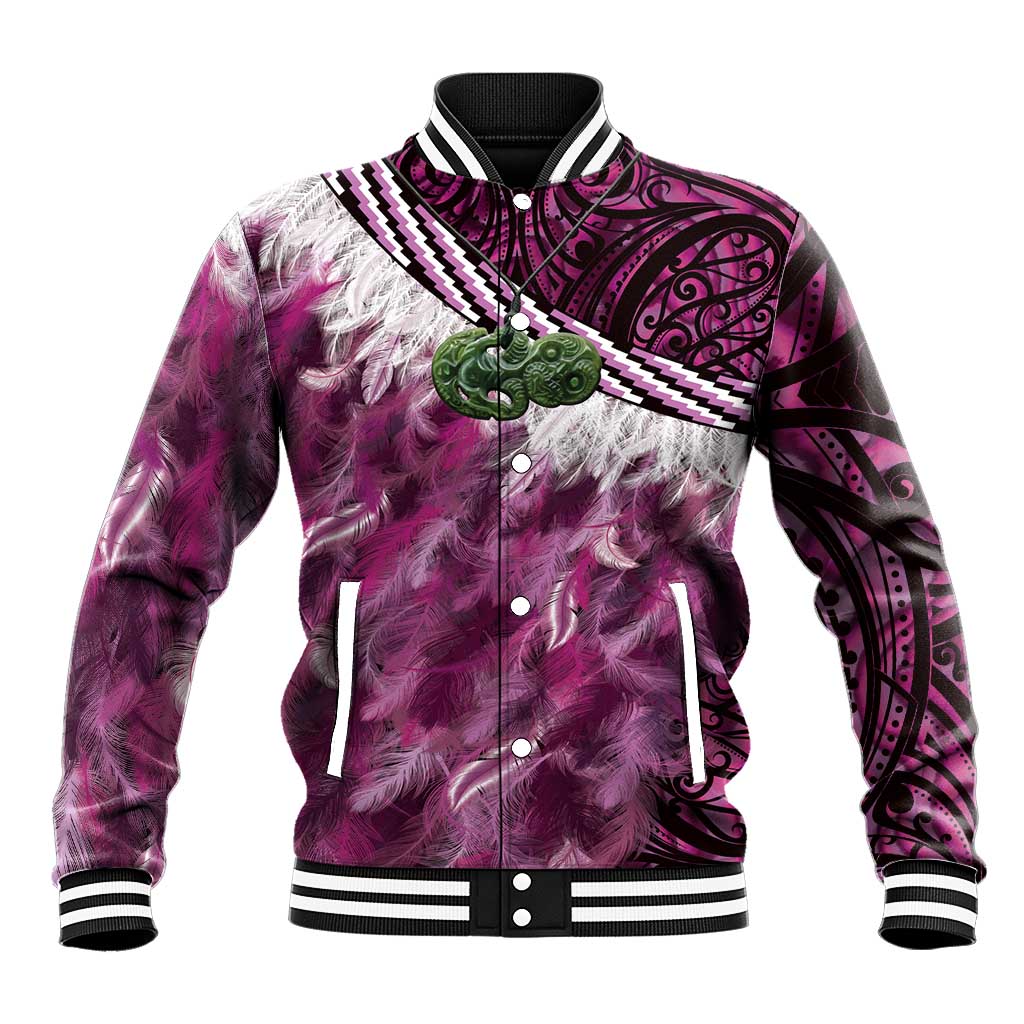 Pink Traditional Cloak Aotearoa Baseball Jacket Maori Paua Shell Korowai Pattern