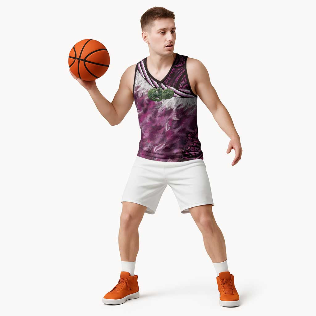 Pink Traditional Cloak Aotearoa Basketball Jersey Maori Paua Shell Korowai Pattern - Polynesian Pride