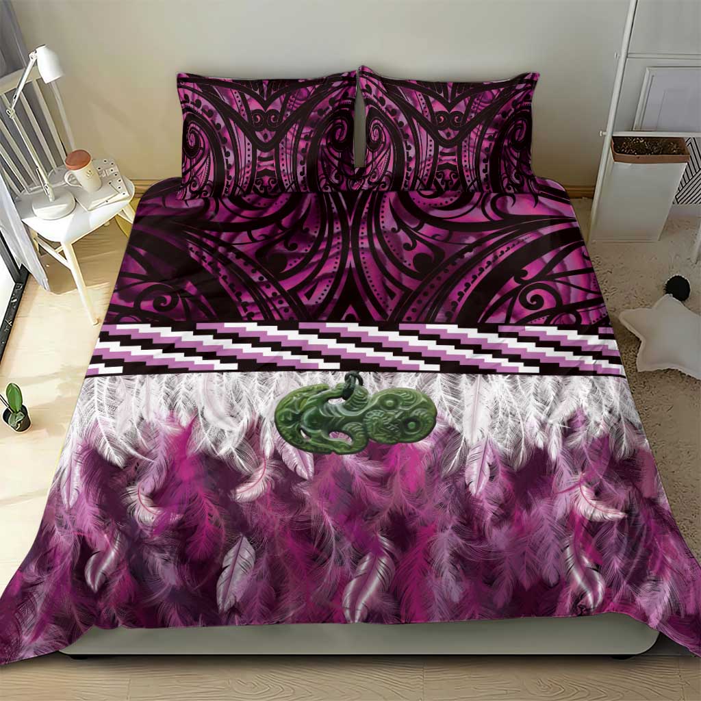 Pink Traditional Cloak Aotearoa Bedding Set Maori Paua Shell Korowai Pattern