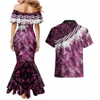 Pink Traditional Cloak Aotearoa Couples Matching Mermaid Dress and Hawaiian Shirt Maori Paua Shell Korowai Pattern LT14 - Polynesian Pride