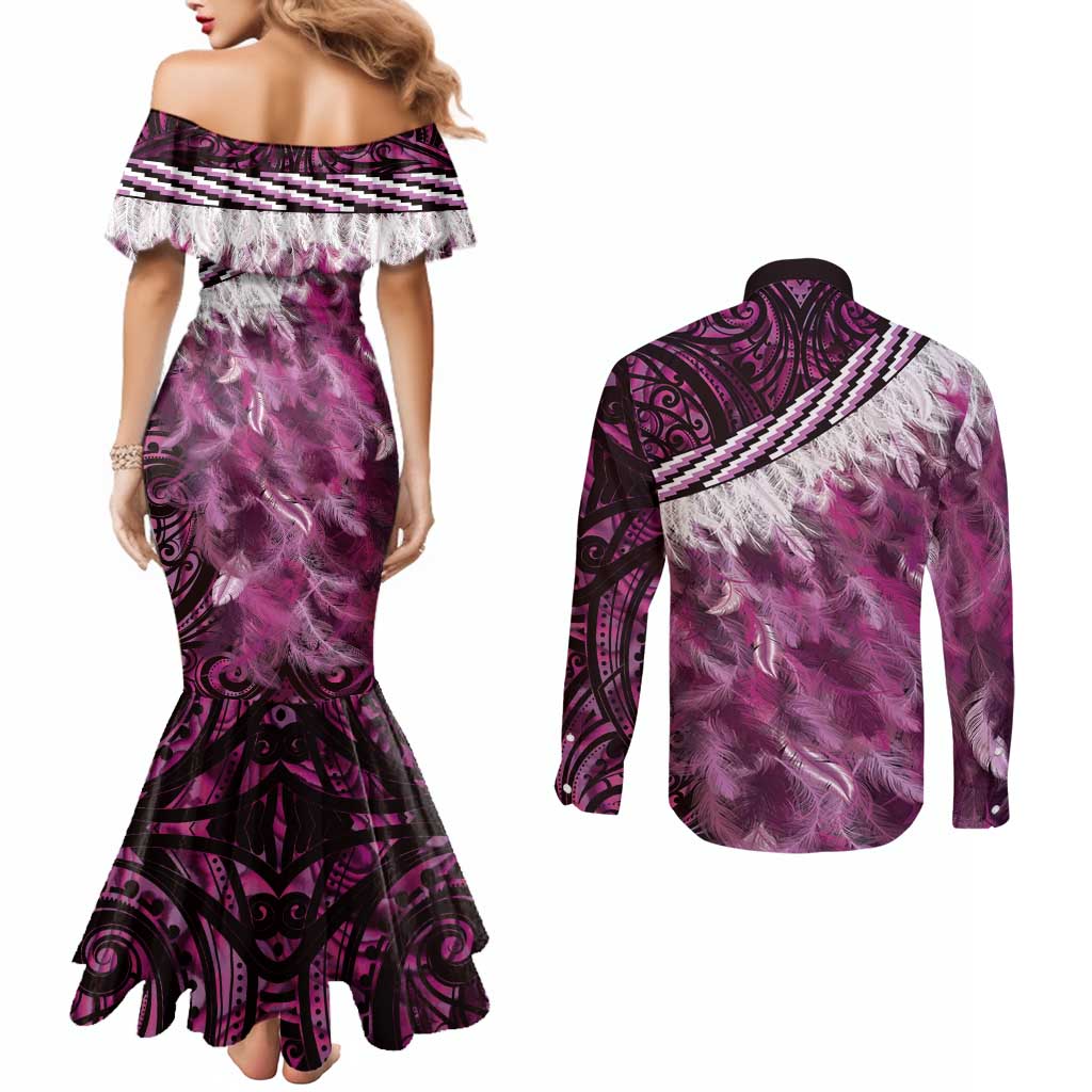 Pink Traditional Cloak Aotearoa Couples Matching Mermaid Dress and Long Sleeve Button Shirt Maori Paua Shell Korowai Pattern LT14 - Polynesian Pride