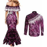 Pink Traditional Cloak Aotearoa Couples Matching Mermaid Dress and Long Sleeve Button Shirt Maori Paua Shell Korowai Pattern LT14 - Polynesian Pride